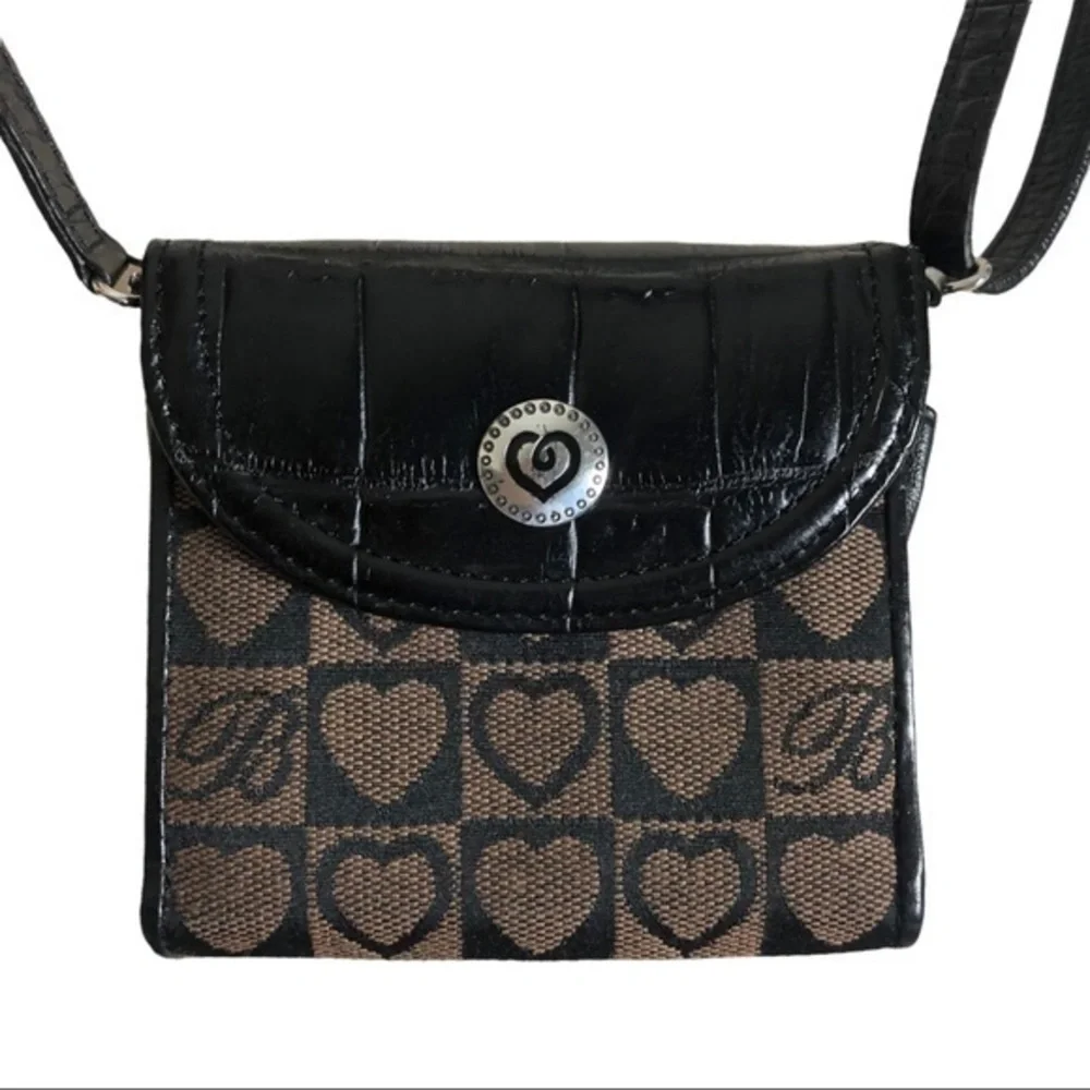 Vintage Brighton Black Brown Leather Canvas Wallet Crossbody